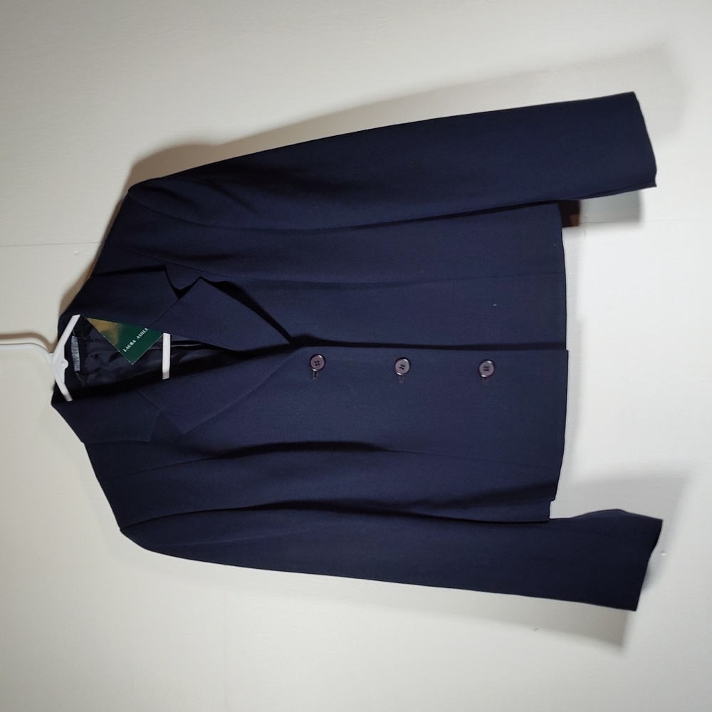 Vintage Laura Ashley navy blue wool fitted cropped blazer jacket 10